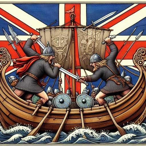 Dos-vikingos-luchando-con-una-bandera-británica-sobre-ellos