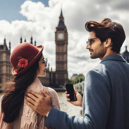 Pareja-de-hombre-y-mujer-mirando-el-Big-Ben-de-Londres,-al-fondo