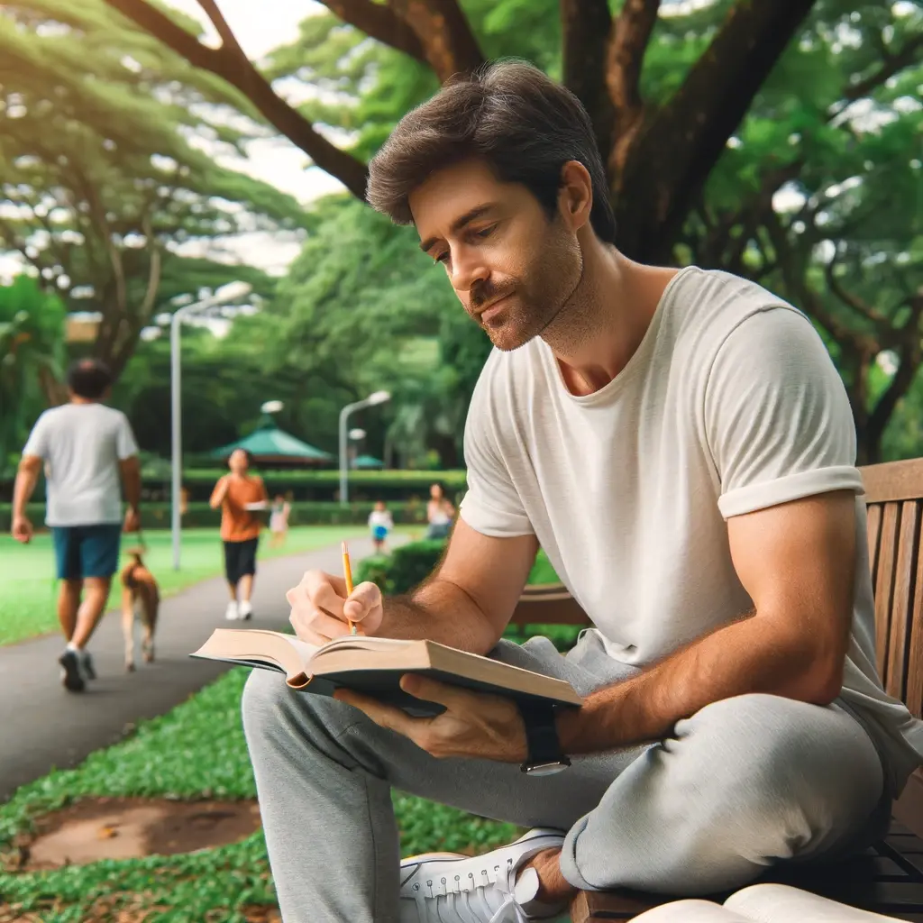 Adulto estudiando inglés en un parque