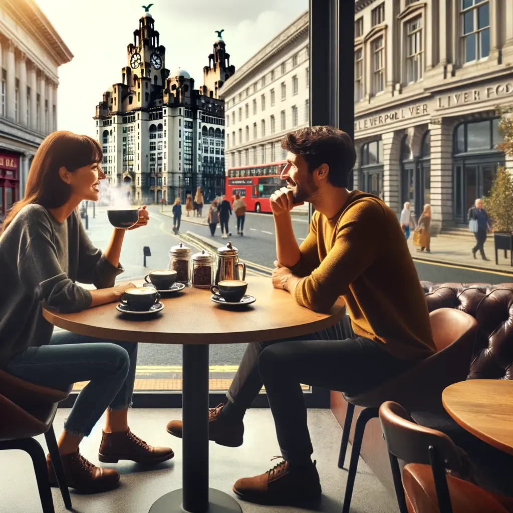 Una pareja conversando mientras toman café en Liverpool