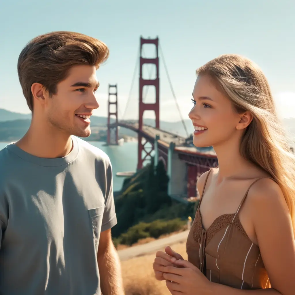 un joven y una joven hablando con el puente de san Francisco (USA) de fondo