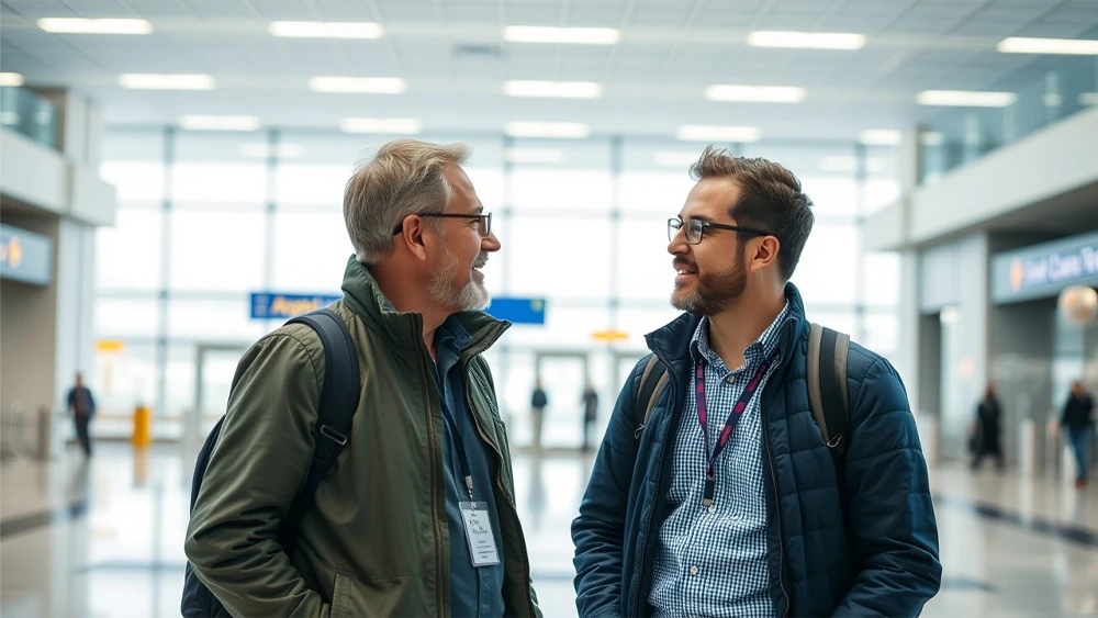 Dos hombres conversando en un aeropuerto