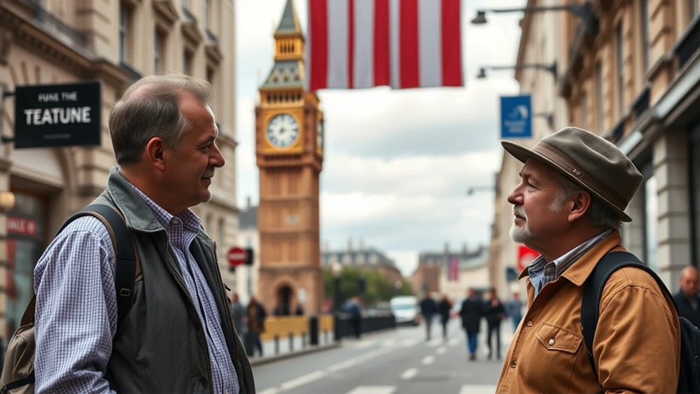 Dos hombres conversando en una calle de Londres con el Big Ben de fondo