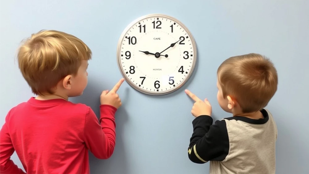 Dos niños apuntando el dedo hacia un reloj de pared