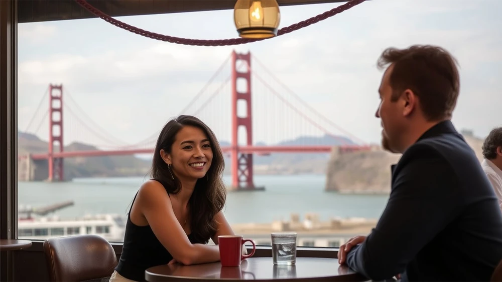 Un hombre y una mujer conversando en una cafetería con el puente Golden gate de fondo