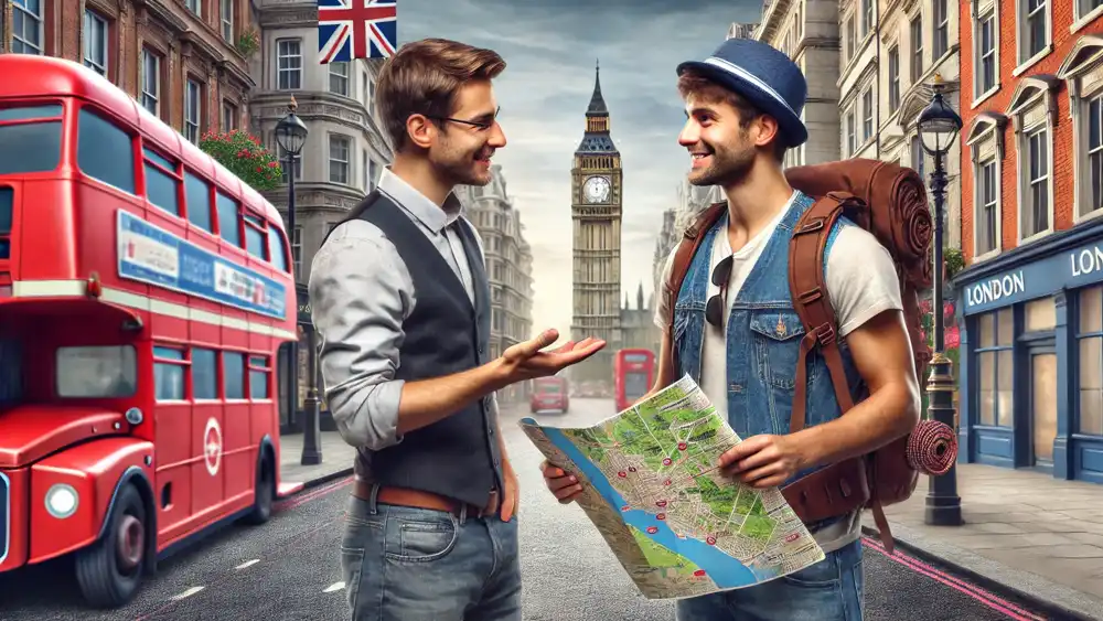 Un viajero con una mochila y un mapa preguntandole algo a una persona en Londres