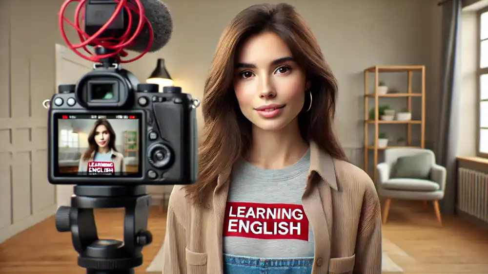 Una chica que se llama Keyla explicando delante de la camara su experiencia con el inglés. Vista desde la cámara
