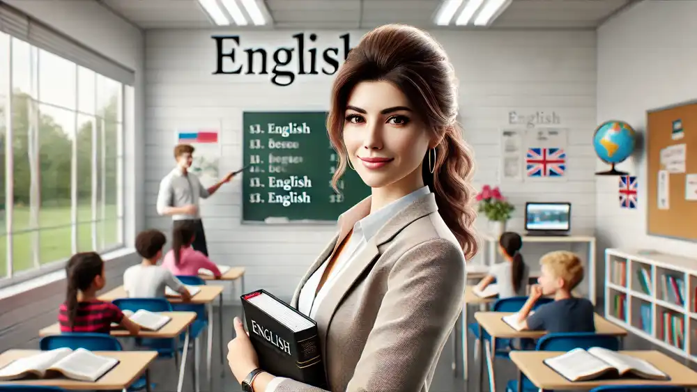 Una profesora de inglés dando una lección. Vista desde frente y mirando a la cámara