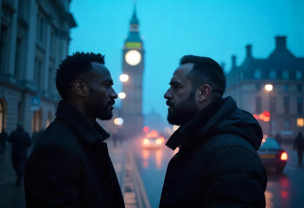 Dos hombres hablando en la calle de Londres con el Big Ben de fondo