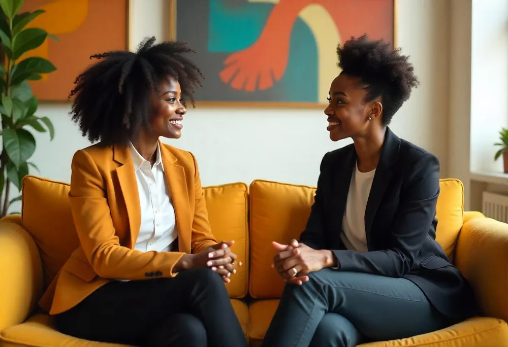 Dos mujeres hablando en una oficina