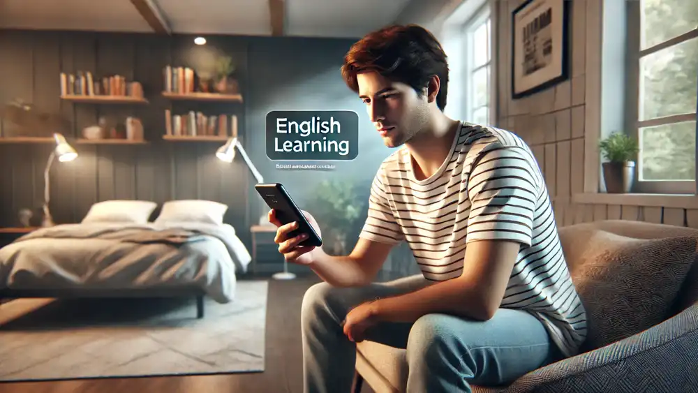 Un joven aprendienod inglés en su smartphone