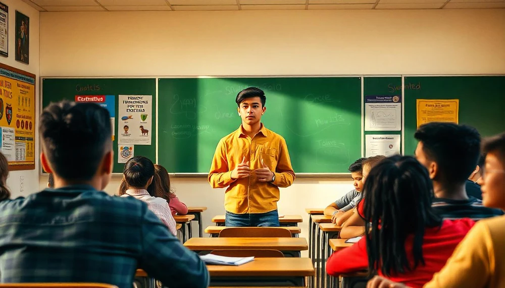 Un chico exponiendo un trabajo oral en su clase del instituto